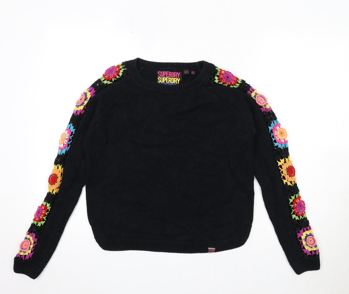 Superdry Womens Black Round Neck Cotton Pullover Jumper Size 10