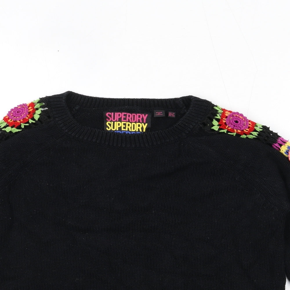 Superdry Womens Black Round Neck Cotton Pullover Jumper Size 10
