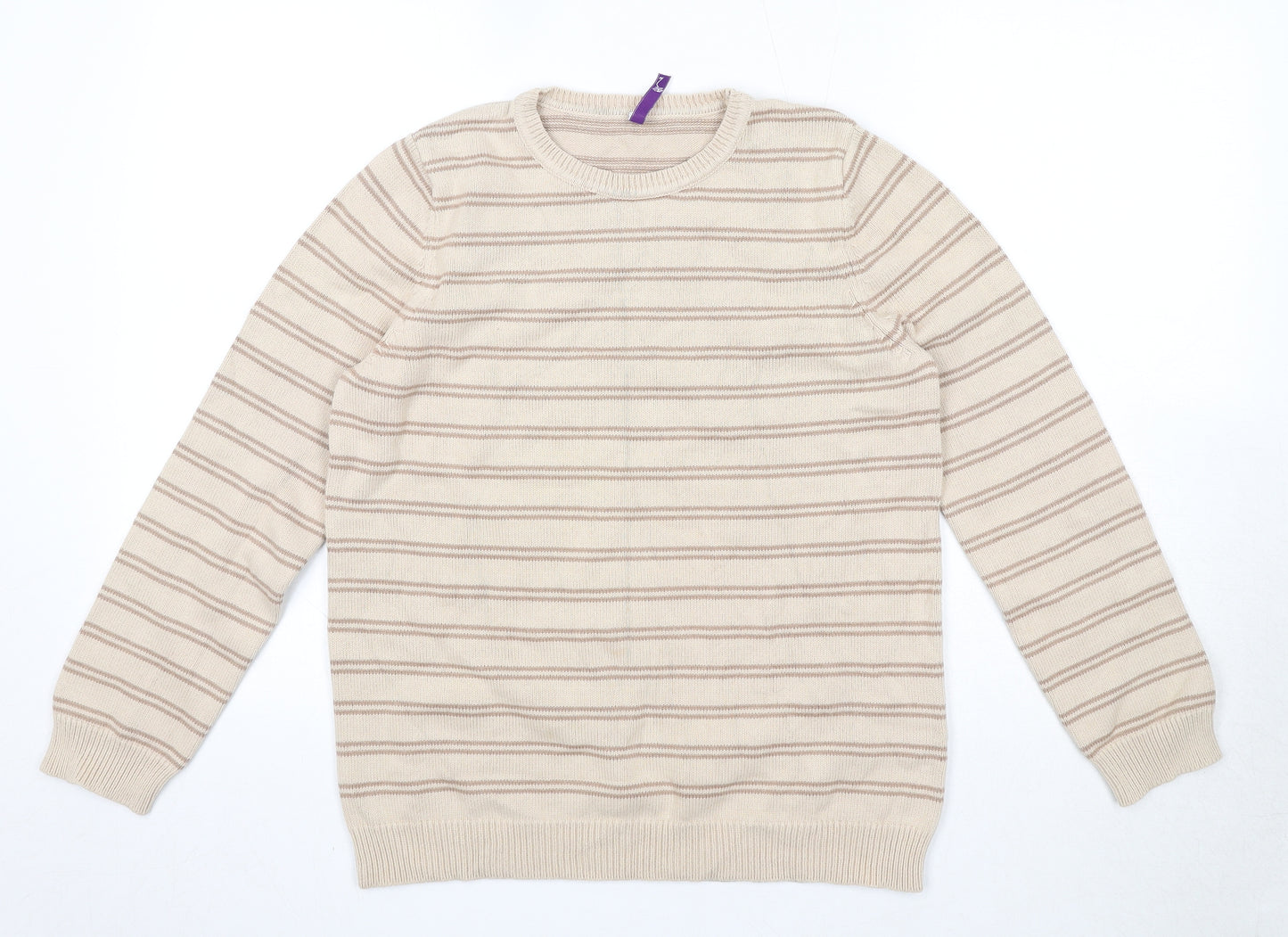 BHS Womens Beige Round Neck Striped Cotton Pullover Jumper Size 14