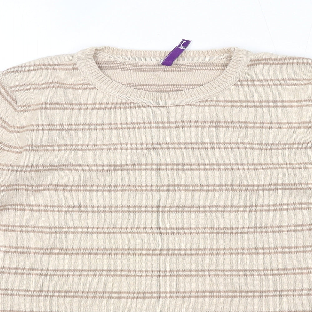 BHS Womens Beige Round Neck Striped Cotton Pullover Jumper Size 14