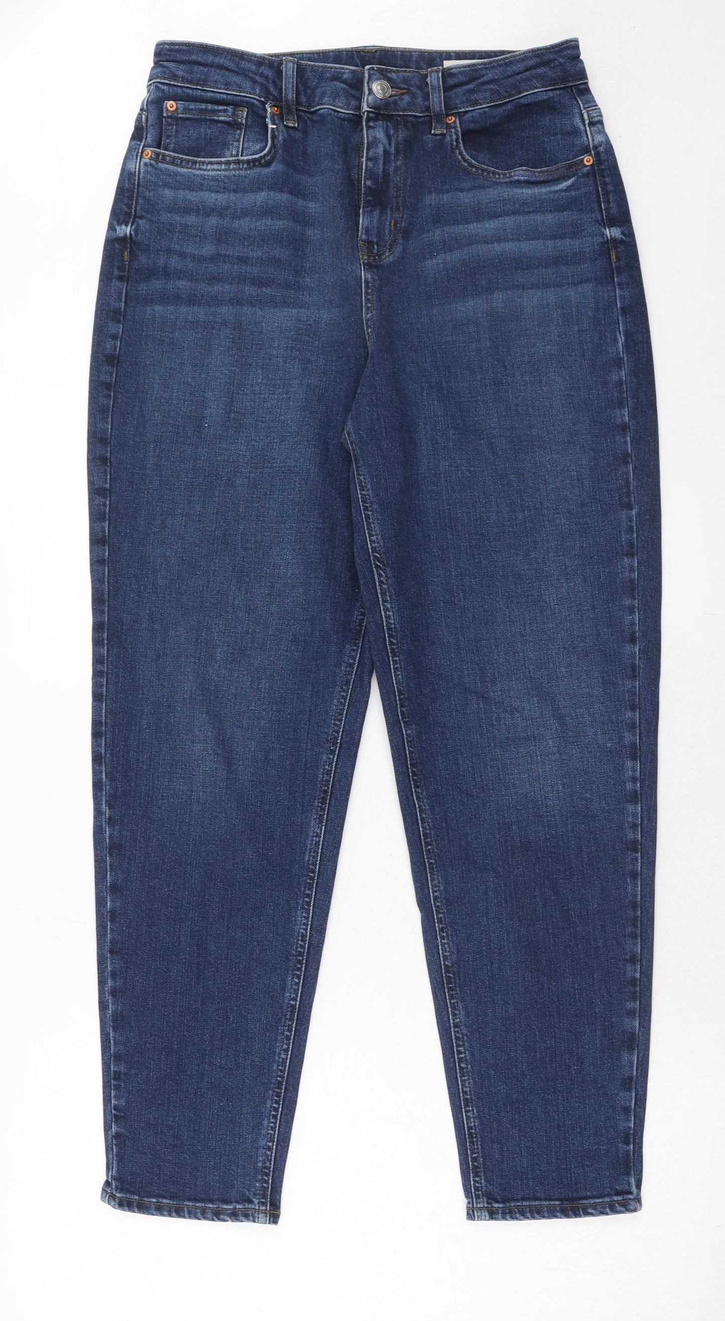 Marks and Spencer Womens Blue Cotton Mom Jeans Size 12 Regular Zip