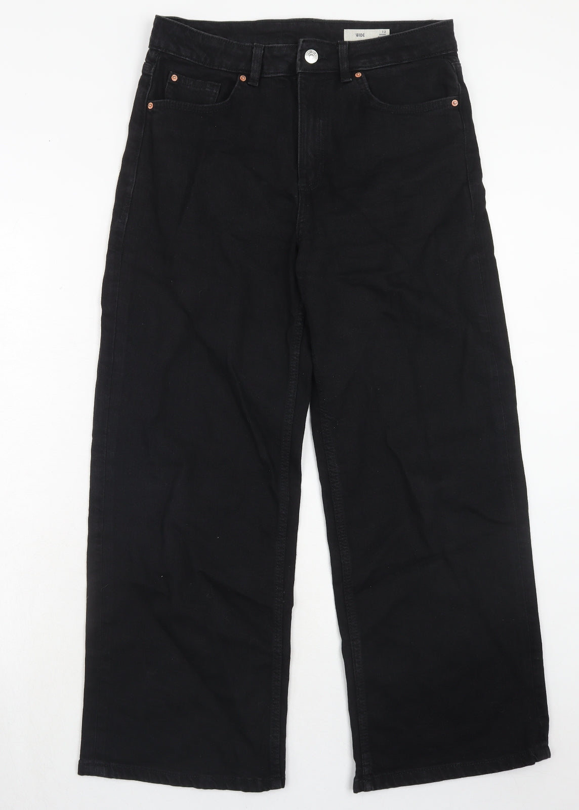 Marks and Spencer Womens Black Cotton Wide-Leg Jeans Size 12 Regular Zip