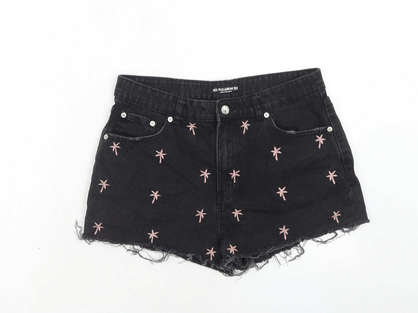 Pull&Bear Womens Black Geometric Cotton Cut-Off Shorts Size 12 Regular Zip