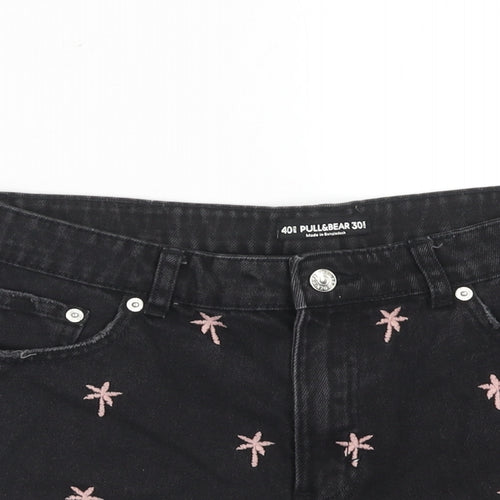 Pull&Bear Womens Black Geometric Cotton Cut-Off Shorts Size 12 Regular Zip