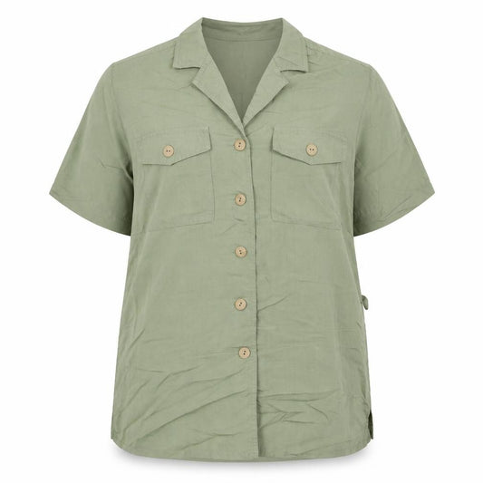 Front view of Damart women’s green viscose basic button-up, size UK 16, collared