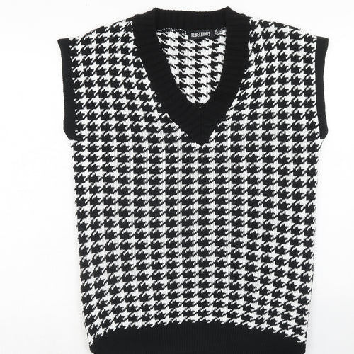 Rebellious Womens Black V-Neck Geometric Acrylic Pullover Jumper Size S