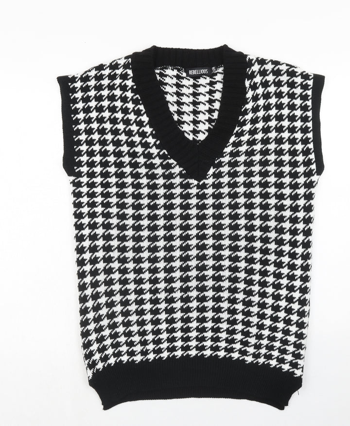 Rebellious Womens Black V-Neck Geometric Acrylic Pullover Jumper Size S