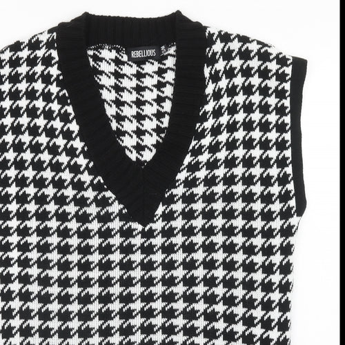 Rebellious Womens Black V-Neck Geometric Acrylic Pullover Jumper Size S