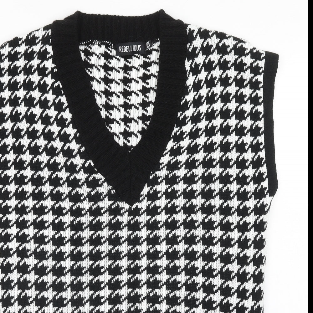 Rebellious Womens Black V-Neck Geometric Acrylic Pullover Jumper Size S