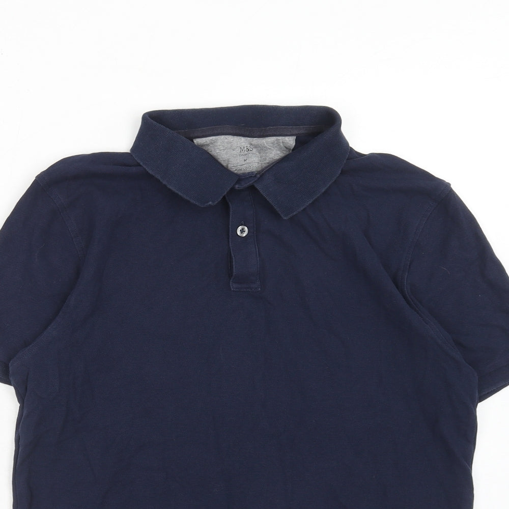 Marks and Spencer Mens Blue Cotton Polo Size L Collared Button