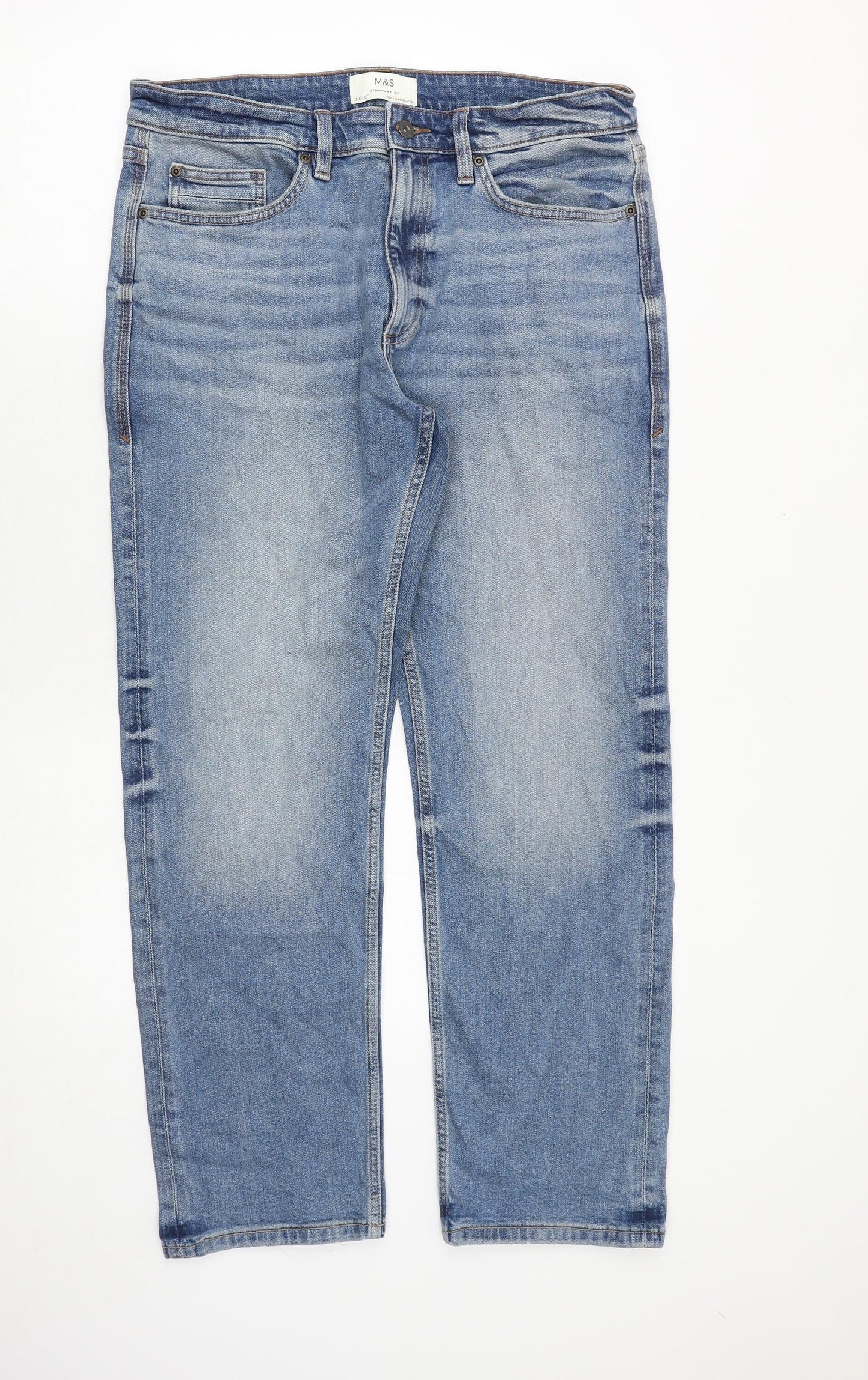 Marks and Spencer Mens Blue Cotton Straight Jeans Size 34 in L31 in Regular Zip