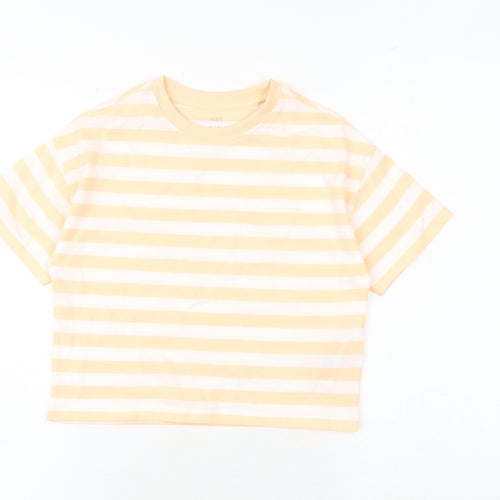 Marks and Spencer Girls Orange Striped Cotton Basic T-Shirt Size 7-8 Years Round Neck Pullover