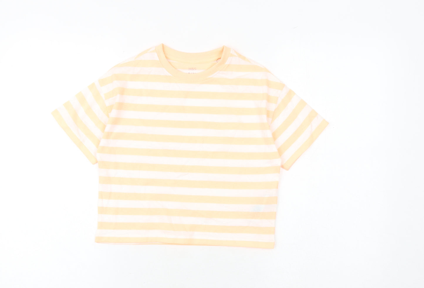 Marks and Spencer Girls Orange Striped Cotton Basic T-Shirt Size 7-8 Years Round Neck Pullover