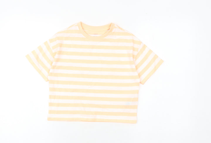 Marks and Spencer Girls Orange Striped Cotton Basic T-Shirt Size 7-8 Years Round Neck Pullover