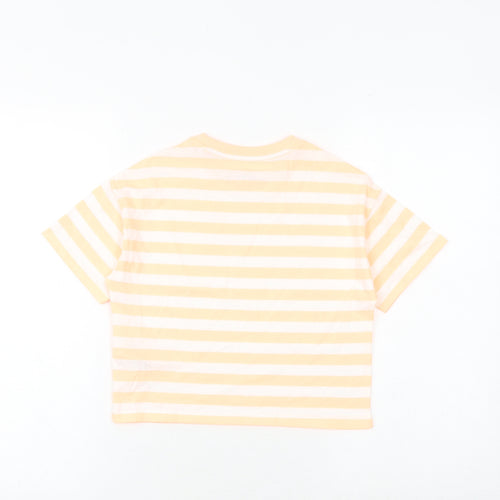 Marks and Spencer Girls Orange Striped Cotton Basic T-Shirt Size 7-8 Years Round Neck Pullover