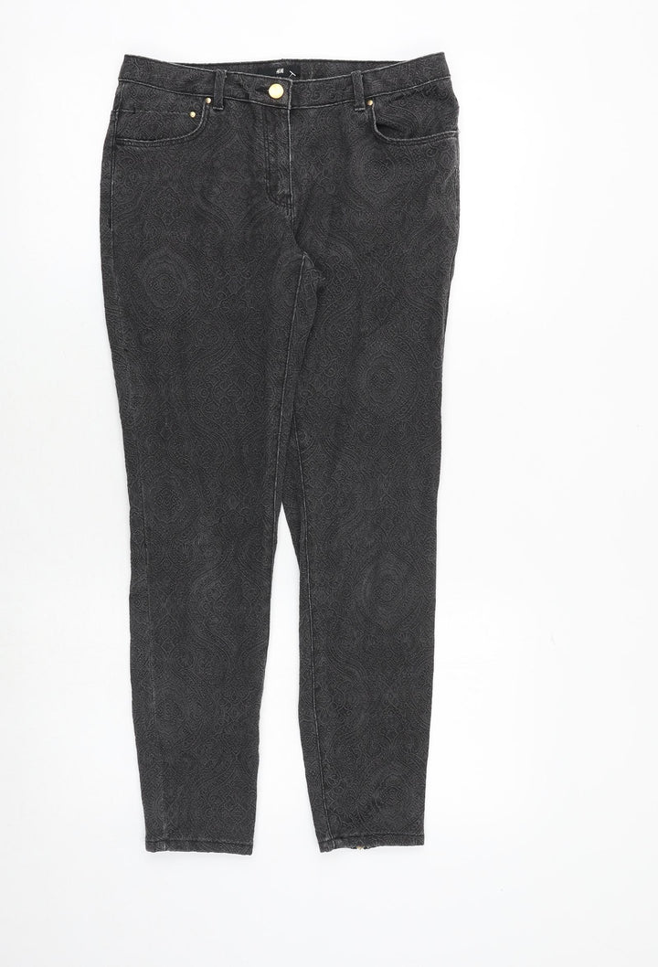 H&M Womens Grey Geometric Cotton Skinny Jeans Size 10 Regular Zip