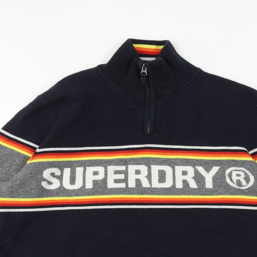 Superdry Mens Blue High Neck Cotton Pullover Jumper Size XL Long Sleeve