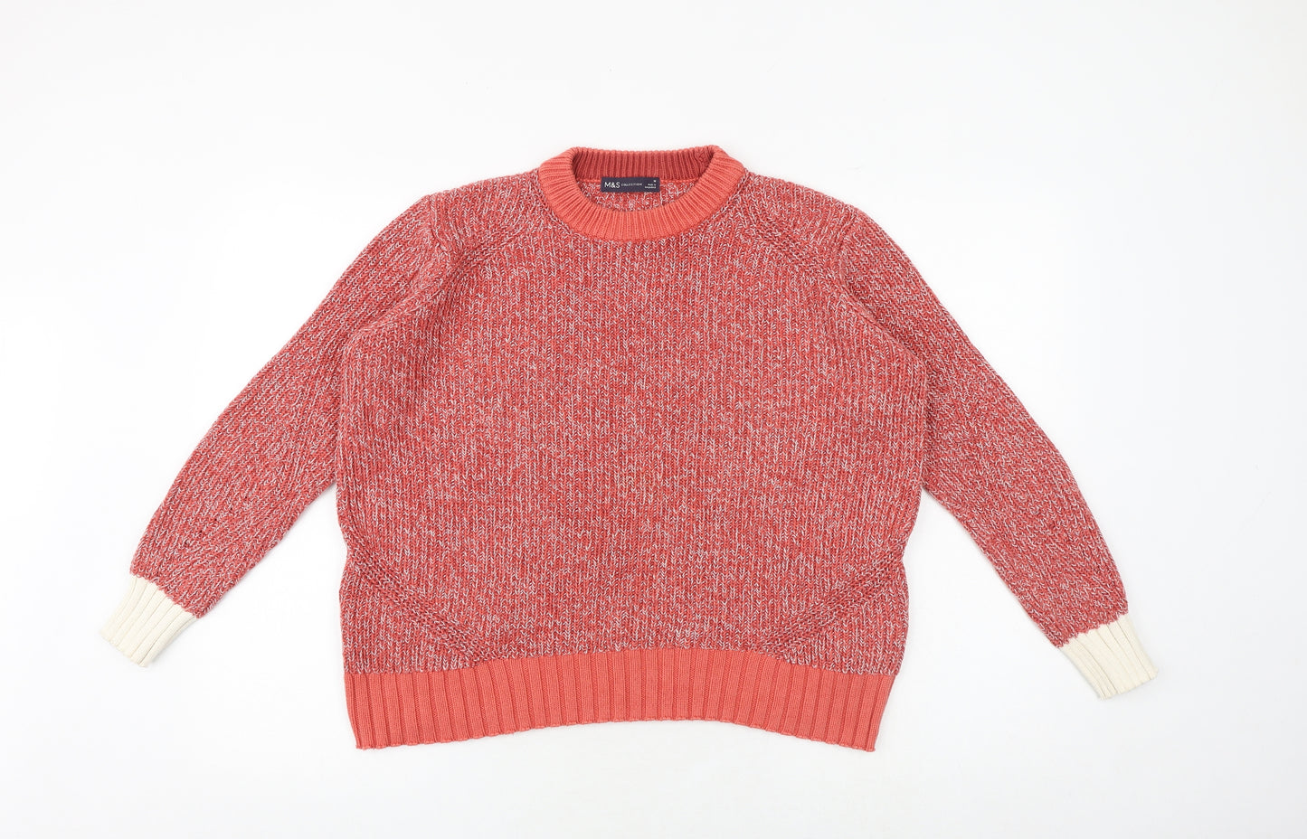 Marks and Spencer Womens Red Round Neck Geometric 100% Cotton Pullover Jumper Size M