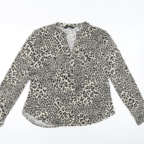 Classics Womens Black Animal Print Polyester Basic Button-Up Size 12 V-Neck - Leopard Pattern