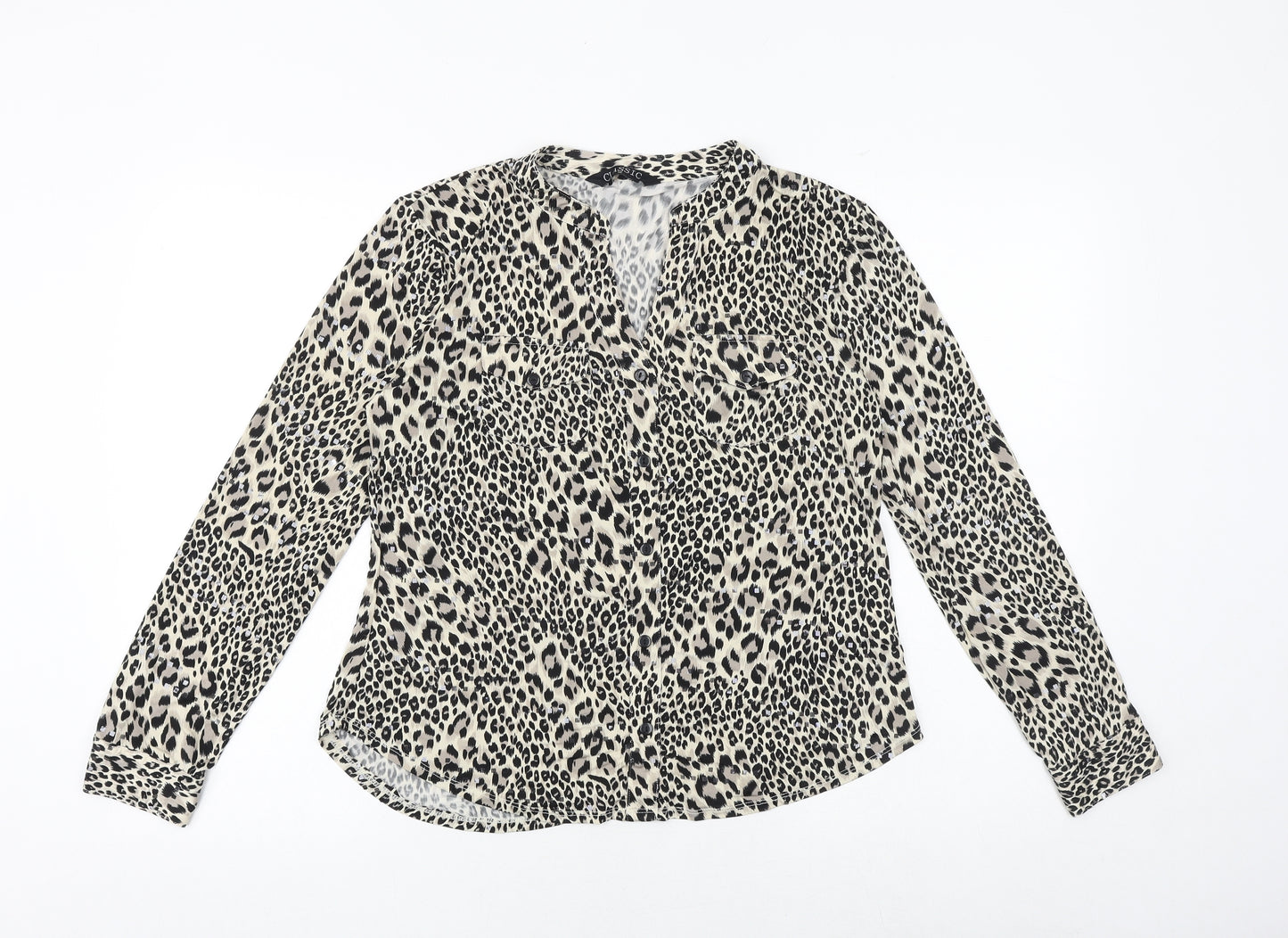 Classics Womens Black Animal Print Polyester Basic Button-Up Size 12 V-Neck - Leopard Pattern