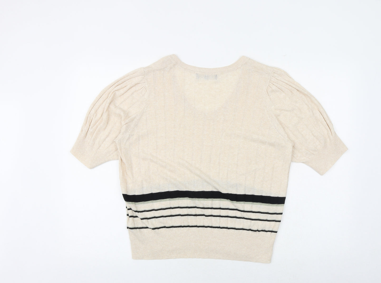 Marks and Spencer Womens Beige Round Neck Viscose Pullover Jumper Size 16 Pullover - Stripe Ribbed