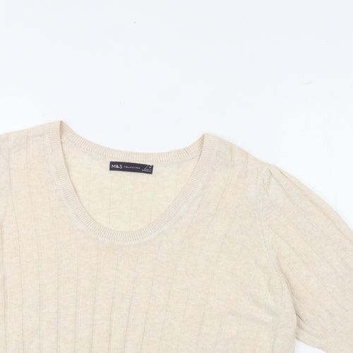 Marks and Spencer Womens Beige Round Neck Viscose Pullover Jumper Size 16 Pullover - Stripe Ribbed