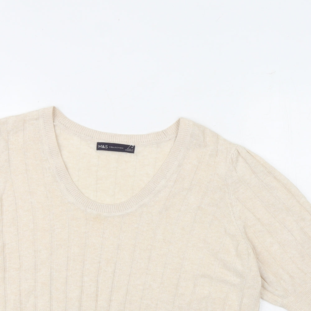 Marks and Spencer Womens Beige Round Neck Viscose Pullover Jumper Size 16 Pullover - Stripe Ribbed