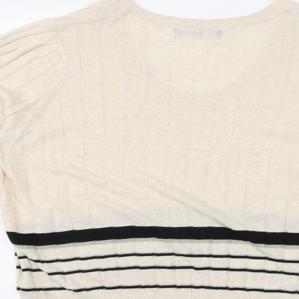 Marks and Spencer Womens Beige Round Neck Viscose Pullover Jumper Size 16 Pullover - Stripe Ribbed