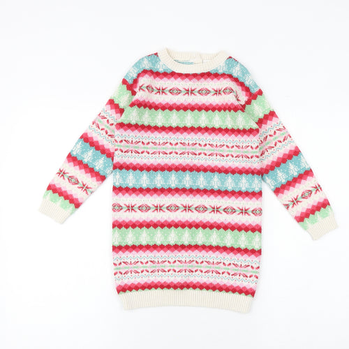 NEXT Girls Multicoloured Fair Isle Cotton Jumper Dress Size 4-5 Years Round Neck Button