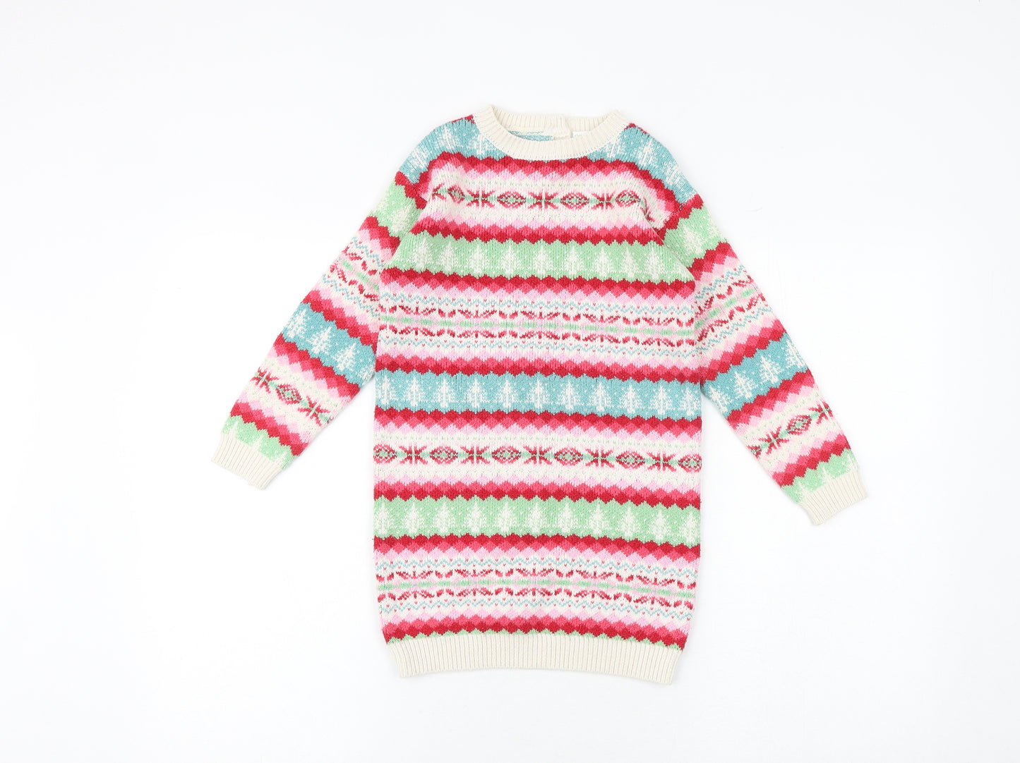 NEXT Girls Multicoloured Fair Isle Cotton Jumper Dress Size 4-5 Years Round Neck Button