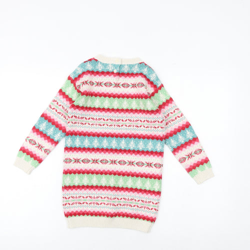 NEXT Girls Multicoloured Fair Isle Cotton Jumper Dress Size 4-5 Years Round Neck Button