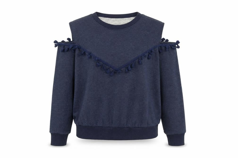 Front view of DF women’s blue 100% cotton pullover sweatshirt, size S, pullover - cold shoulder