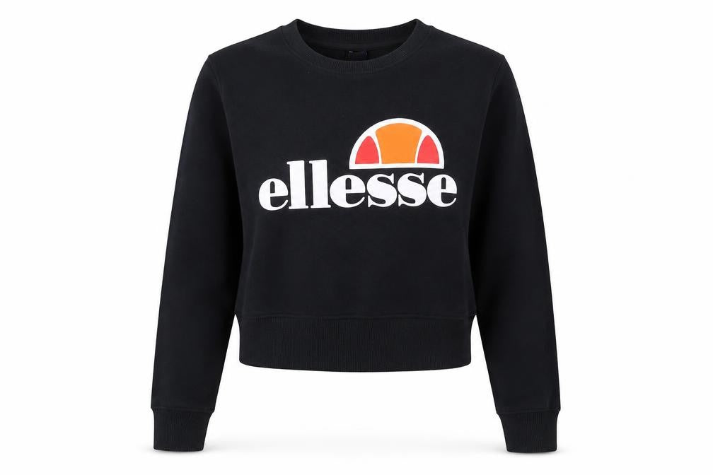Front view of Ellesse women’s black cotton pullover sweatshirt, size UK 10, pullover