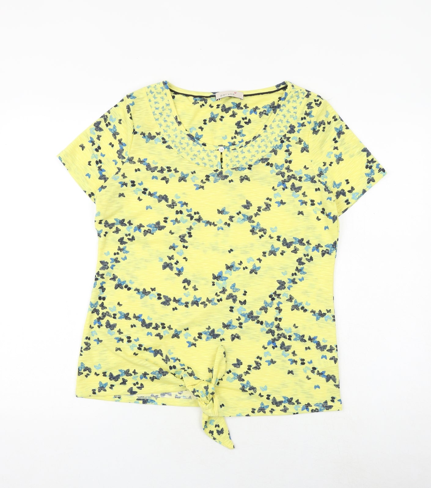 Per Una Womens Yellow Geometric Polyester Basic T-Shirt Size 12 Boat Neck - Butterfly Pattern Tie Front