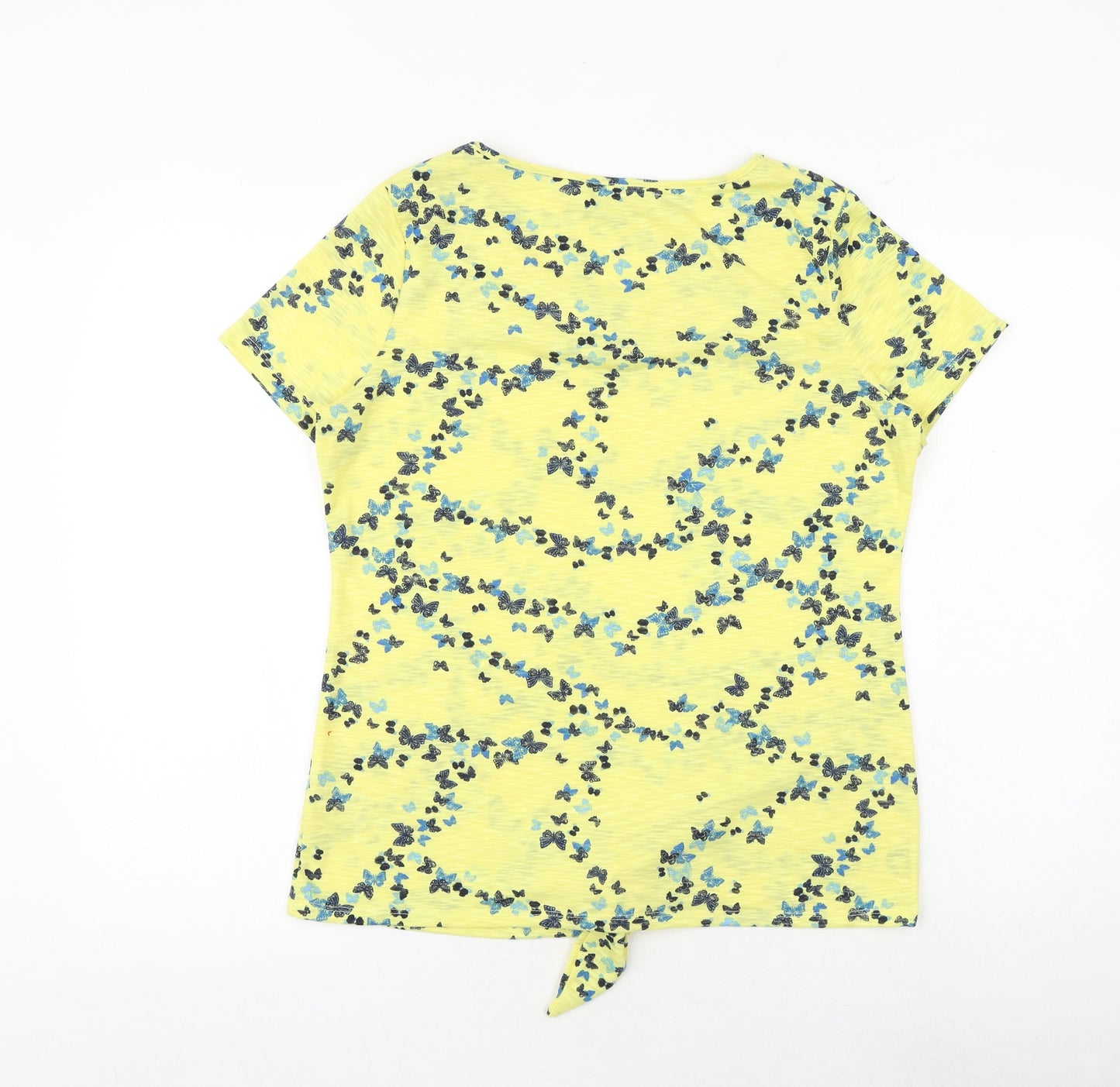 Per Una Womens Yellow Geometric Polyester Basic T-Shirt Size 12 Boat Neck - Butterfly Pattern Tie Front