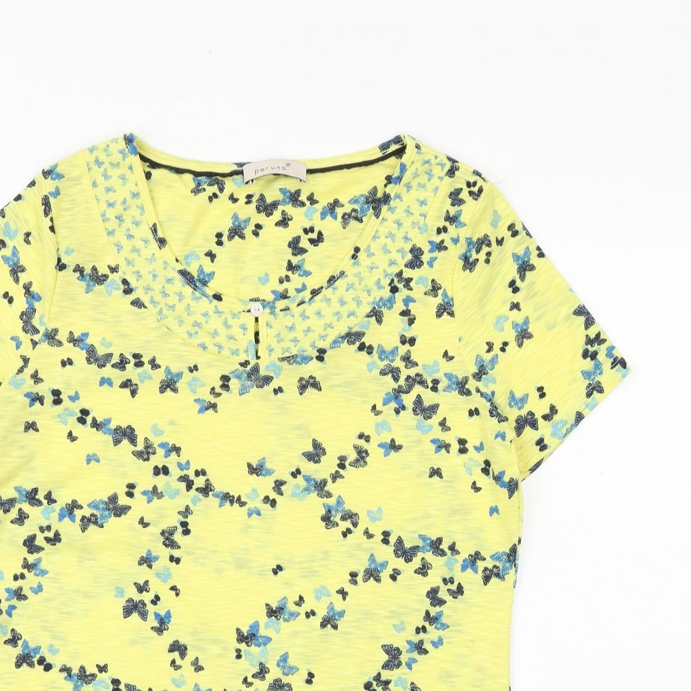 Per Una Womens Yellow Geometric Polyester Basic T-Shirt Size 12 Boat Neck - Butterfly Pattern Tie Front