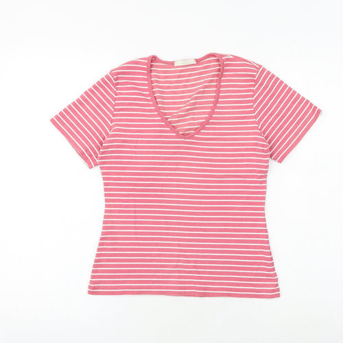 Marks and Spencer Womens Pink Striped 100% Cotton Basic T-Shirt Size 12 V-Neck