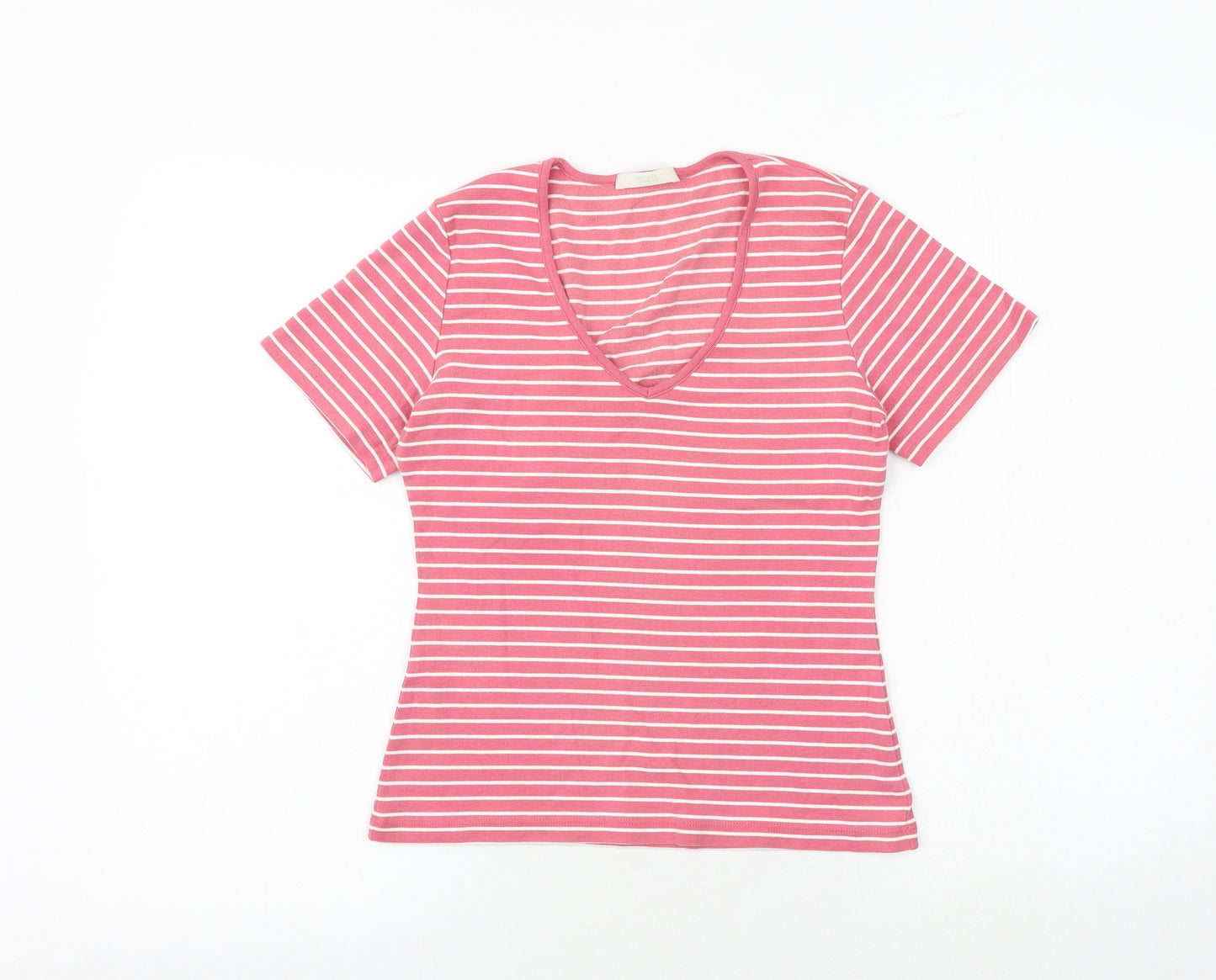 Marks and Spencer Womens Pink Striped 100% Cotton Basic T-Shirt Size 12 V-Neck