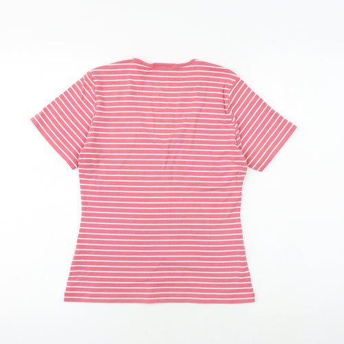 Marks and Spencer Womens Pink Striped 100% Cotton Basic T-Shirt Size 12 V-Neck