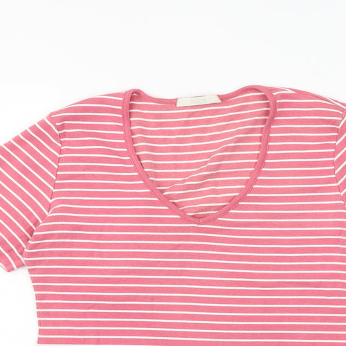 Marks and Spencer Womens Pink Striped 100% Cotton Basic T-Shirt Size 12 V-Neck