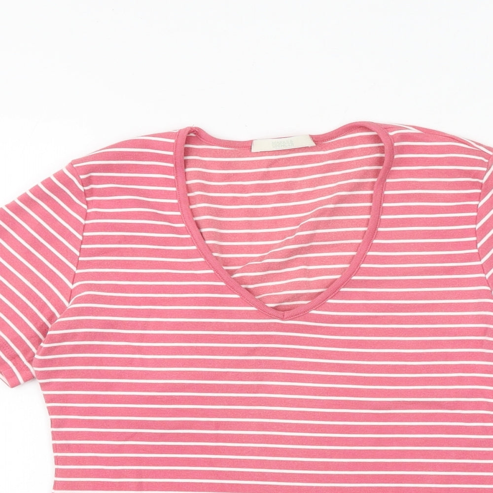 Marks and Spencer Womens Pink Striped 100% Cotton Basic T-Shirt Size 12 V-Neck