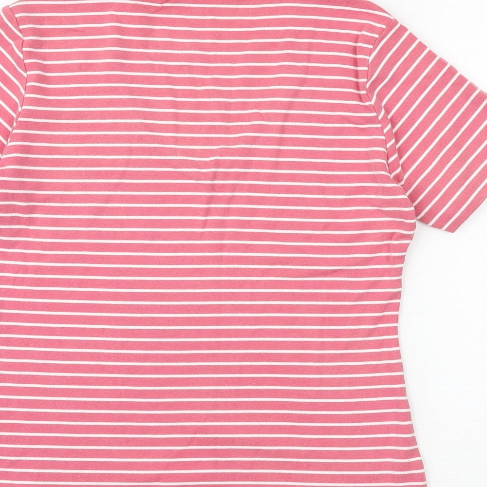 Marks and Spencer Womens Pink Striped 100% Cotton Basic T-Shirt Size 12 V-Neck