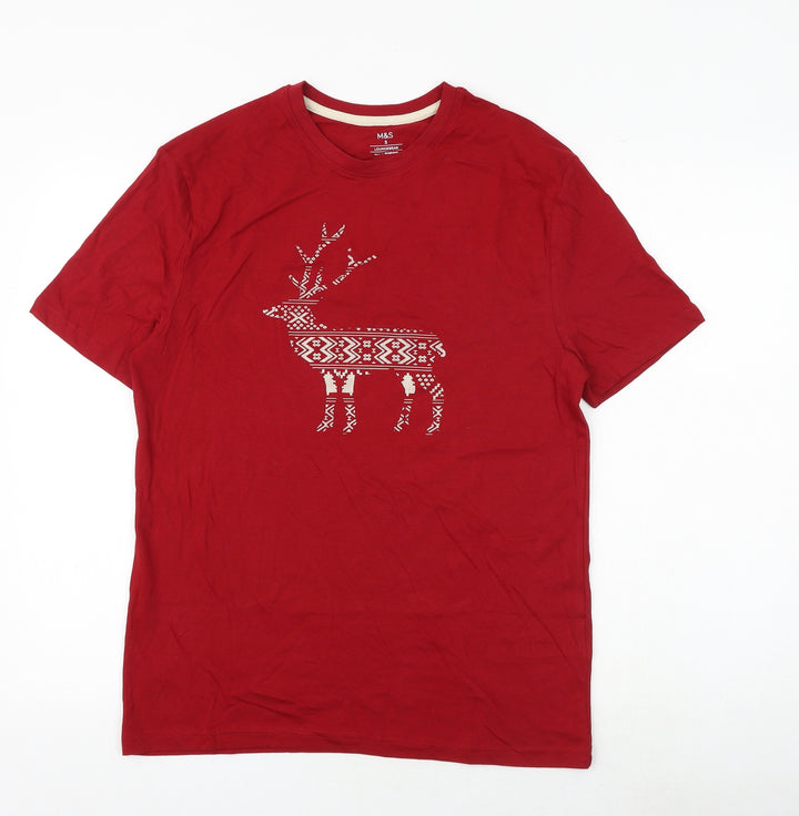 Marks and Spencer Womens Red 100% Cotton Basic T-Shirt Size S Crew Neck - Stag