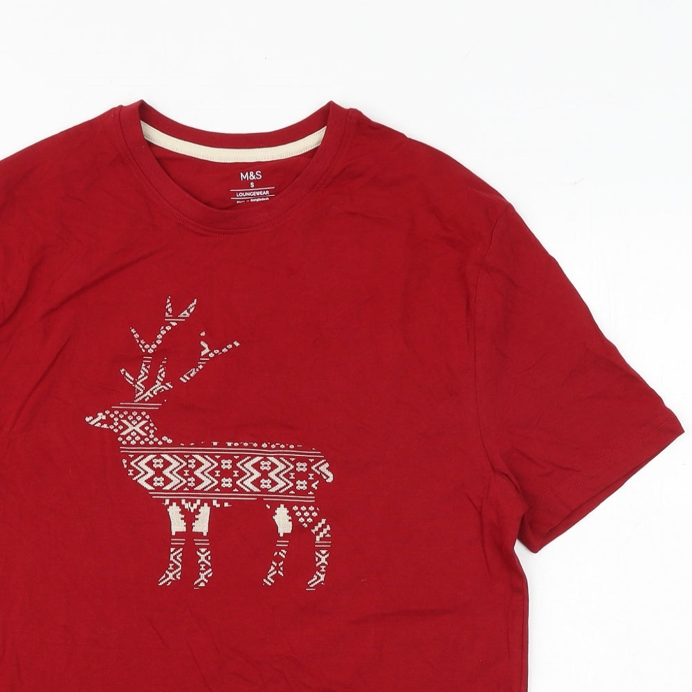 Marks and Spencer Womens Red 100% Cotton Basic T-Shirt Size S Crew Neck - Stag