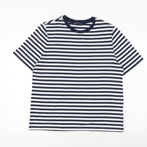 Marks and Spencer Womens Blue Striped 100% Cotton Basic T-Shirt Size 14 Crew Neck