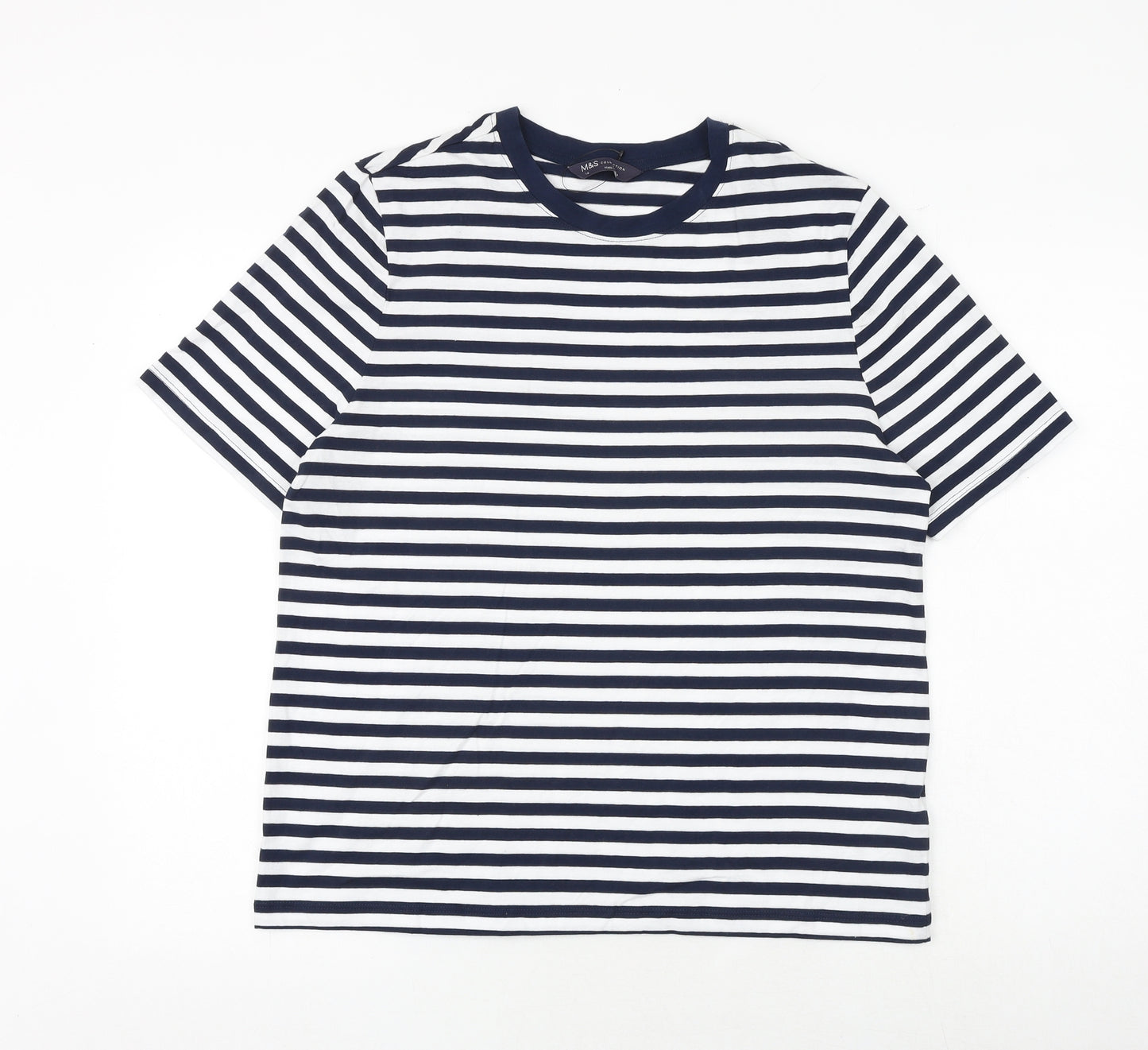 Marks and Spencer Womens Blue Striped 100% Cotton Basic T-Shirt Size 14 Crew Neck