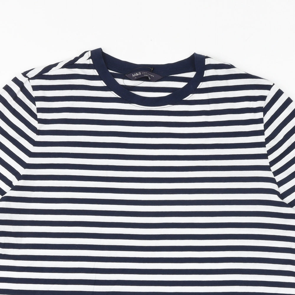 Marks and Spencer Womens Blue Striped 100% Cotton Basic T-Shirt Size 14 Crew Neck
