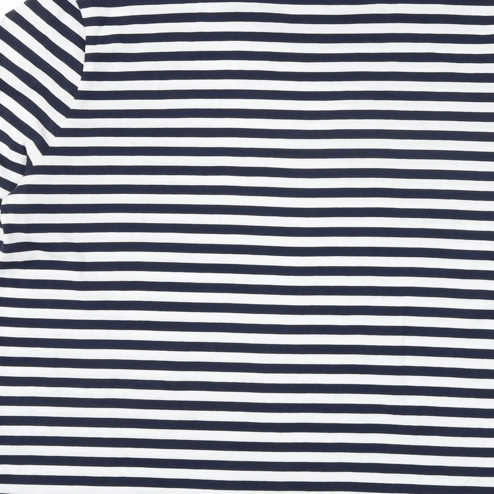 Marks and Spencer Womens Blue Striped 100% Cotton Basic T-Shirt Size 14 Crew Neck