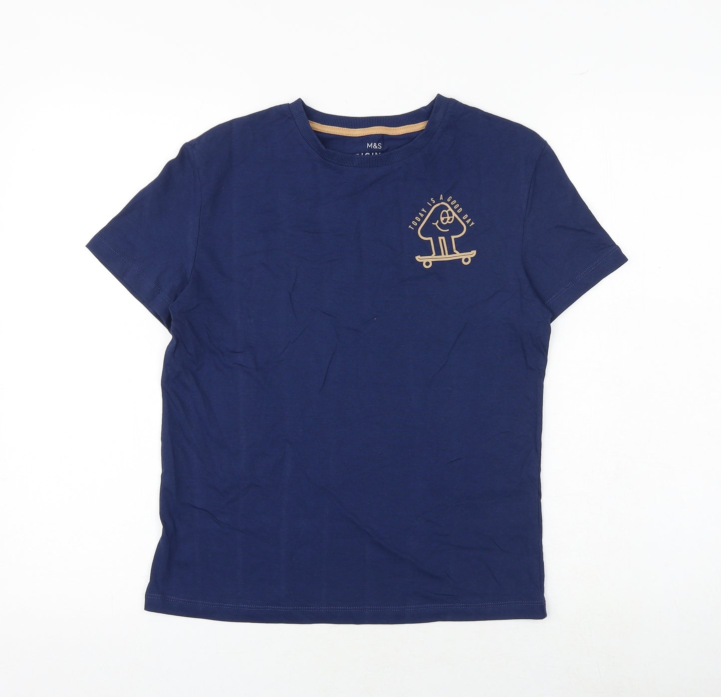 Marks and Spencer Boys Blue 100% Cotton Basic T-Shirt Size 10-11 Years Round Neck Pullover - Today Is A Good Day