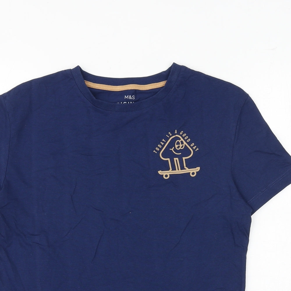 Marks and Spencer Boys Blue 100% Cotton Basic T-Shirt Size 10-11 Years Round Neck Pullover - Today Is A Good Day